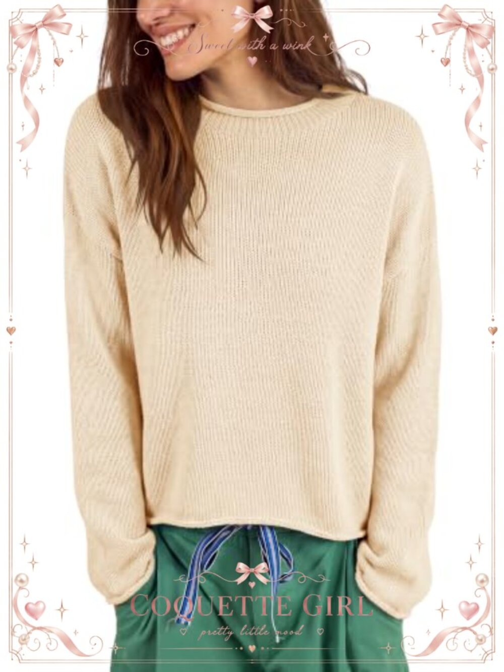 Oversized Roll Neck Knit Sweater Cotton Blend Crew Neck Pullover Women